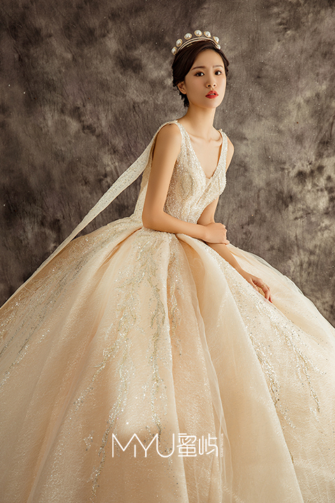 新娘婚纱挂肩式长拖尾飘带仪式纱