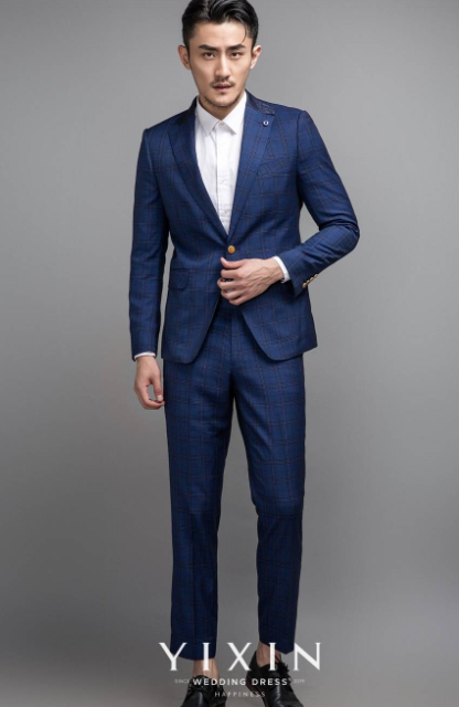 蓝棕双格单排二扣套西