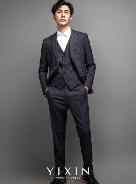 灰底蓝白小格单排一扣三件套