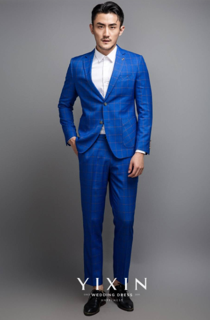 宝石蓝橙格单排二扣套西