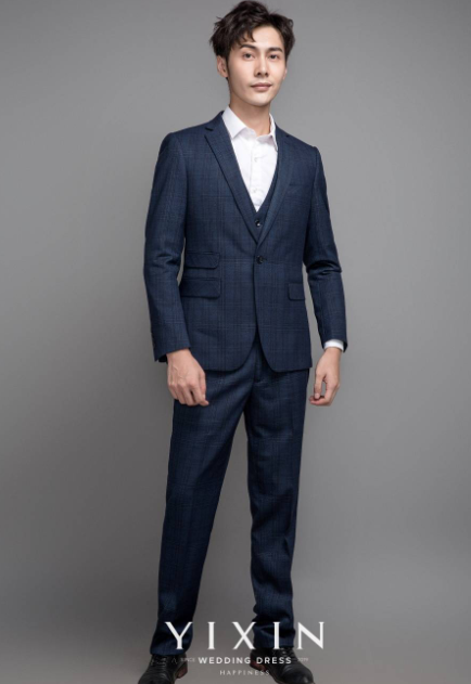 蓝灰商务单排粒扣三件套