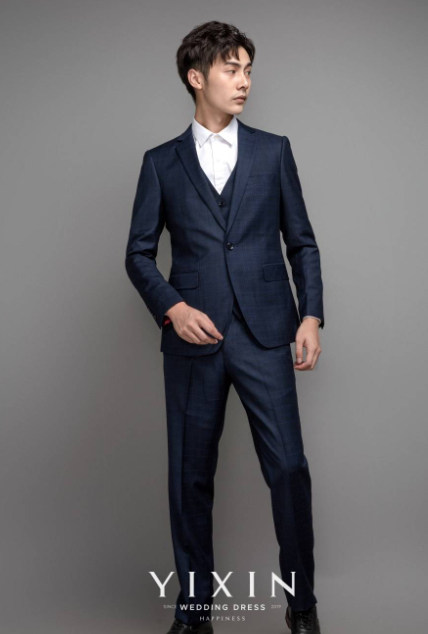 商务蓝格单排一扣三件套